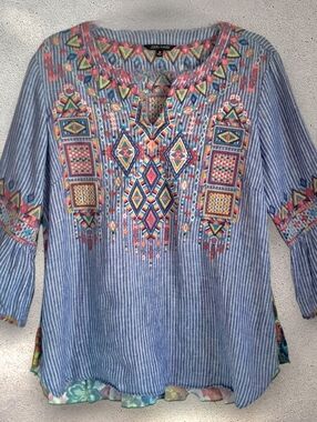 John Mark Blue Pinstriped Linen Tunic Medium Boho Aztec Embroidery EUC